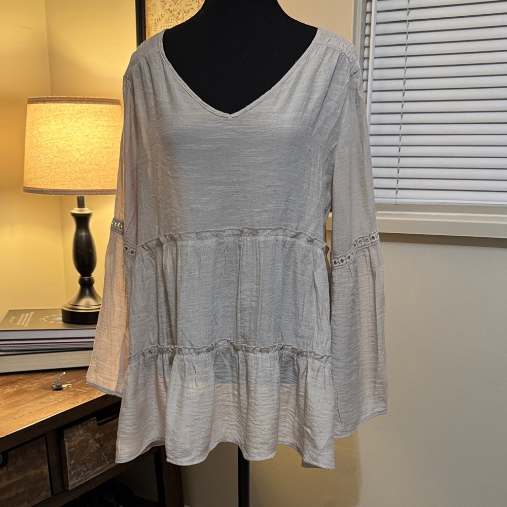 Spense Cream V-Neck Blouse with Bell Sleeves